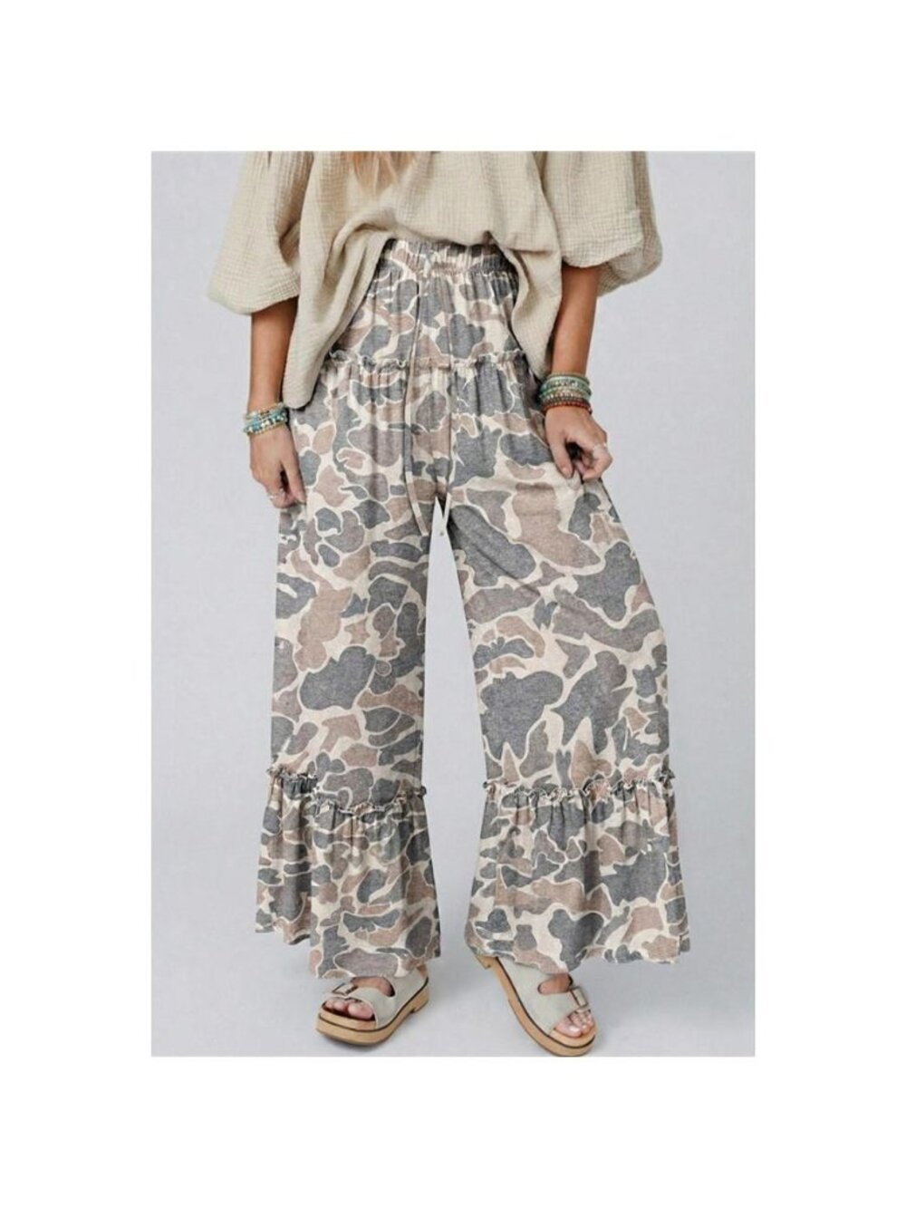 Camo Print Ruffle Hem Wide Leg Pants